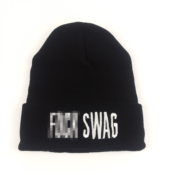 Accessories - Unisex Rude Funny "F* SWAG" Black Beanie